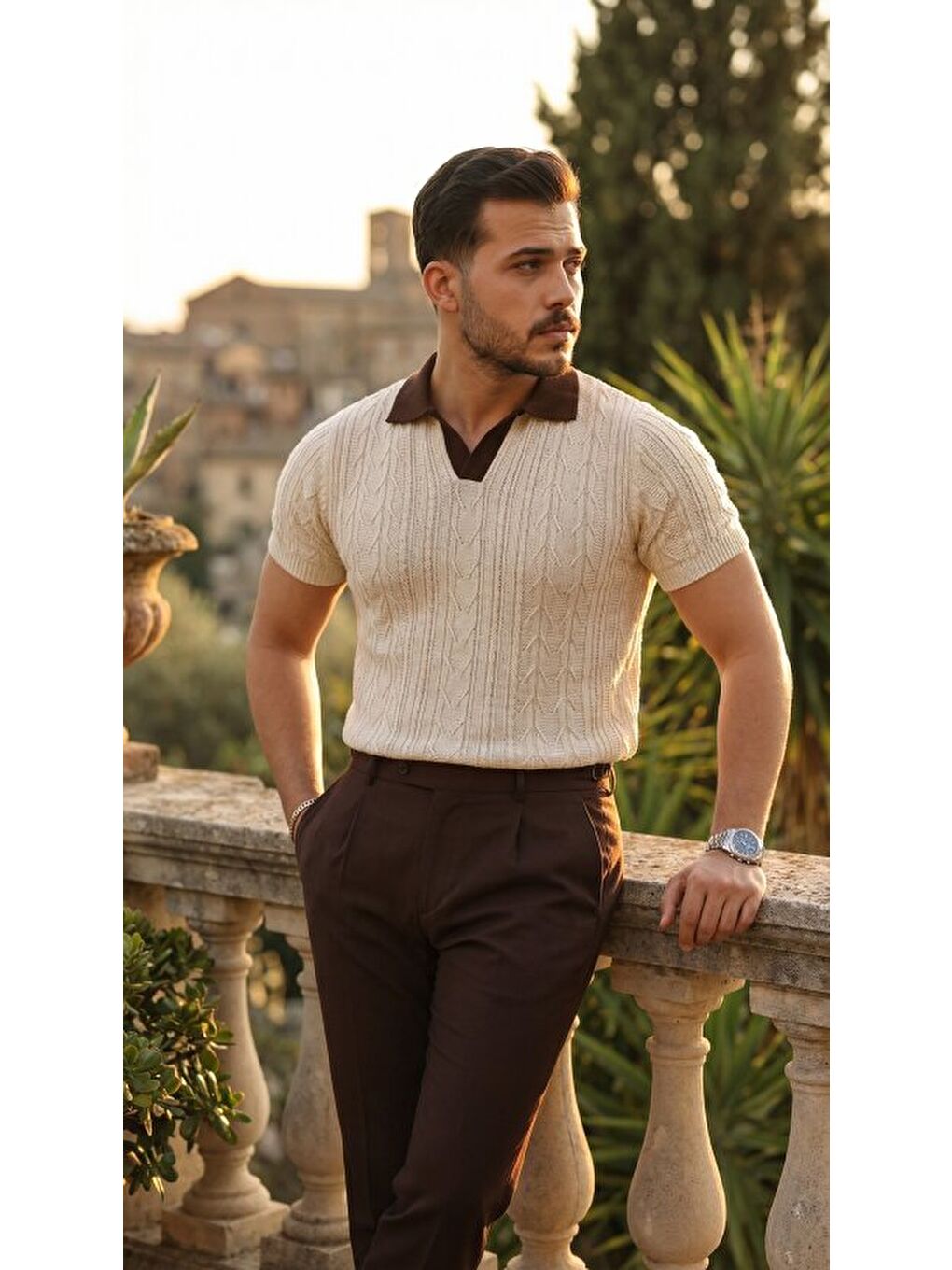 Bej Erkek Polo Yaka Triko Tişört-2