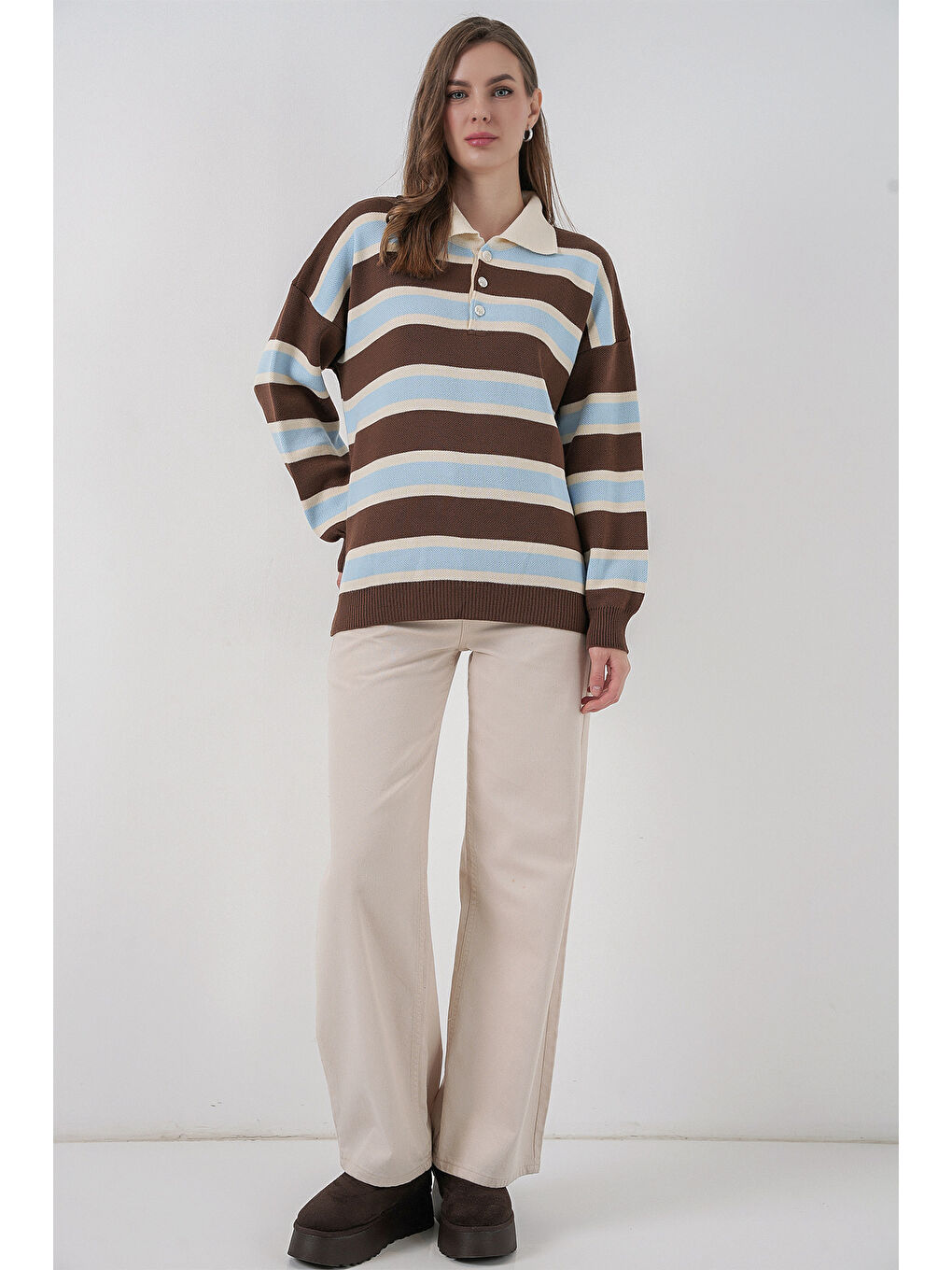 Kadın Çizgili Polo Yaka Triko Kazak 15952 - Mavi-1