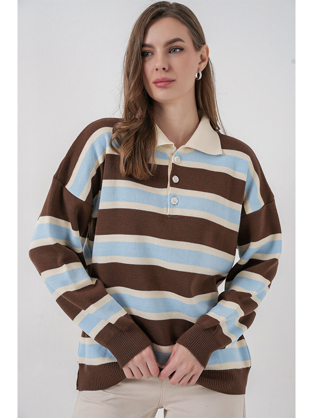 Kadın Çizgili Polo Yaka Triko Kazak 15952 - Mavi-2