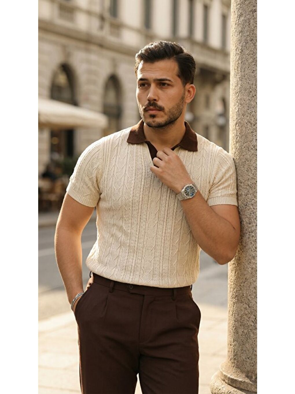 Bej Erkek Polo Yaka Triko Tişört-3