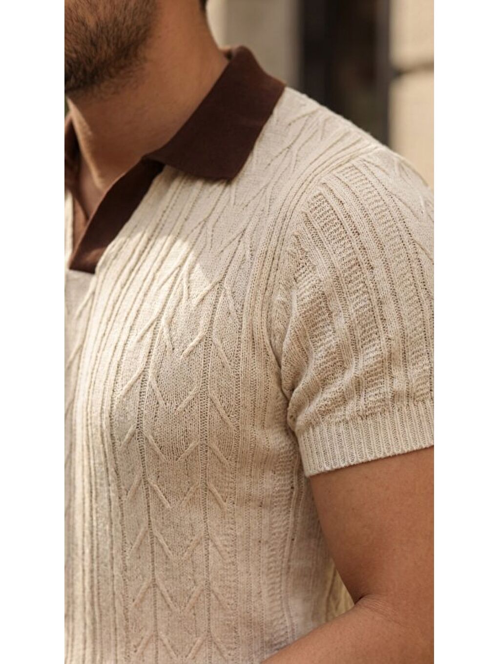 Bej Erkek Polo Yaka Triko Tişört-4