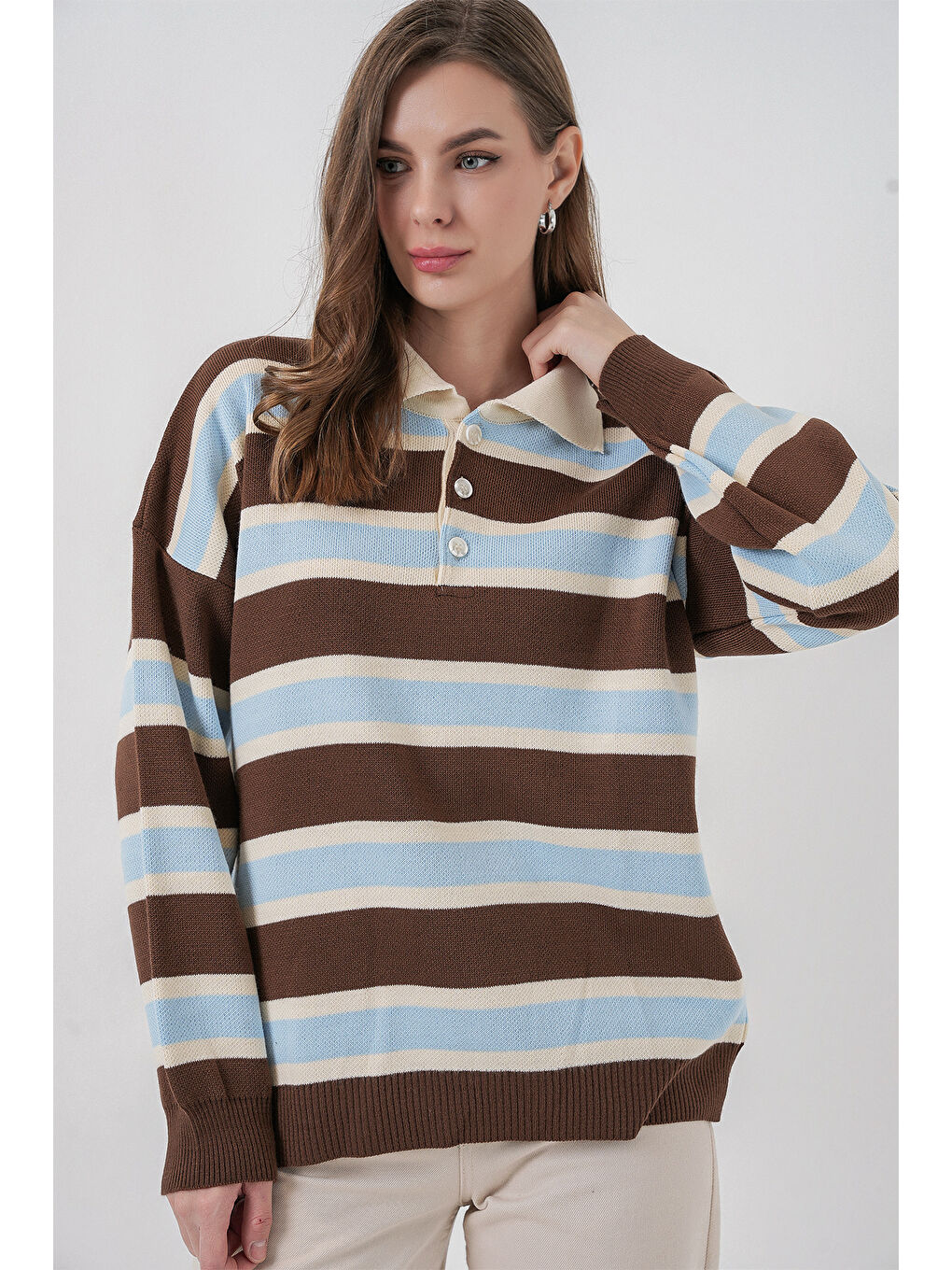 Kadın Çizgili Polo Yaka Triko Kazak 15952 - Mavi-3