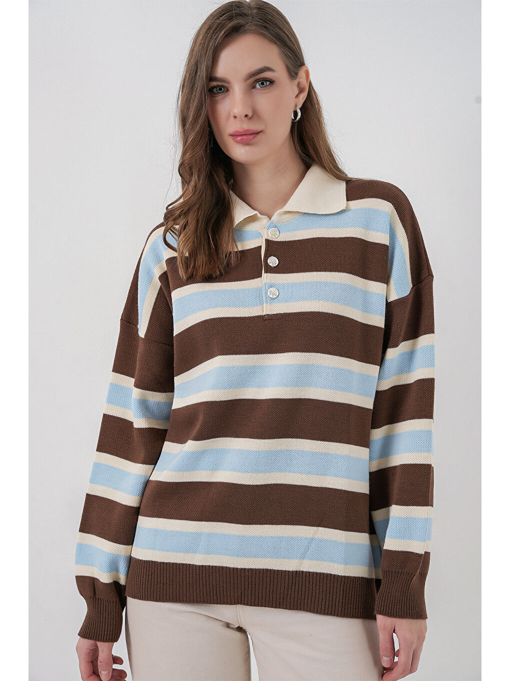 Kadın Çizgili Polo Yaka Triko Kazak 15952 - Mavi-4