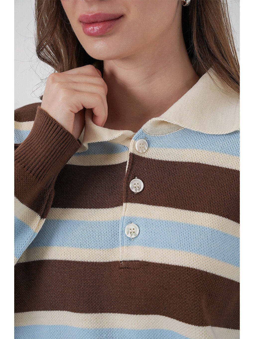 Kadın Çizgili Polo Yaka Triko Kazak 15952 - Mavi-5