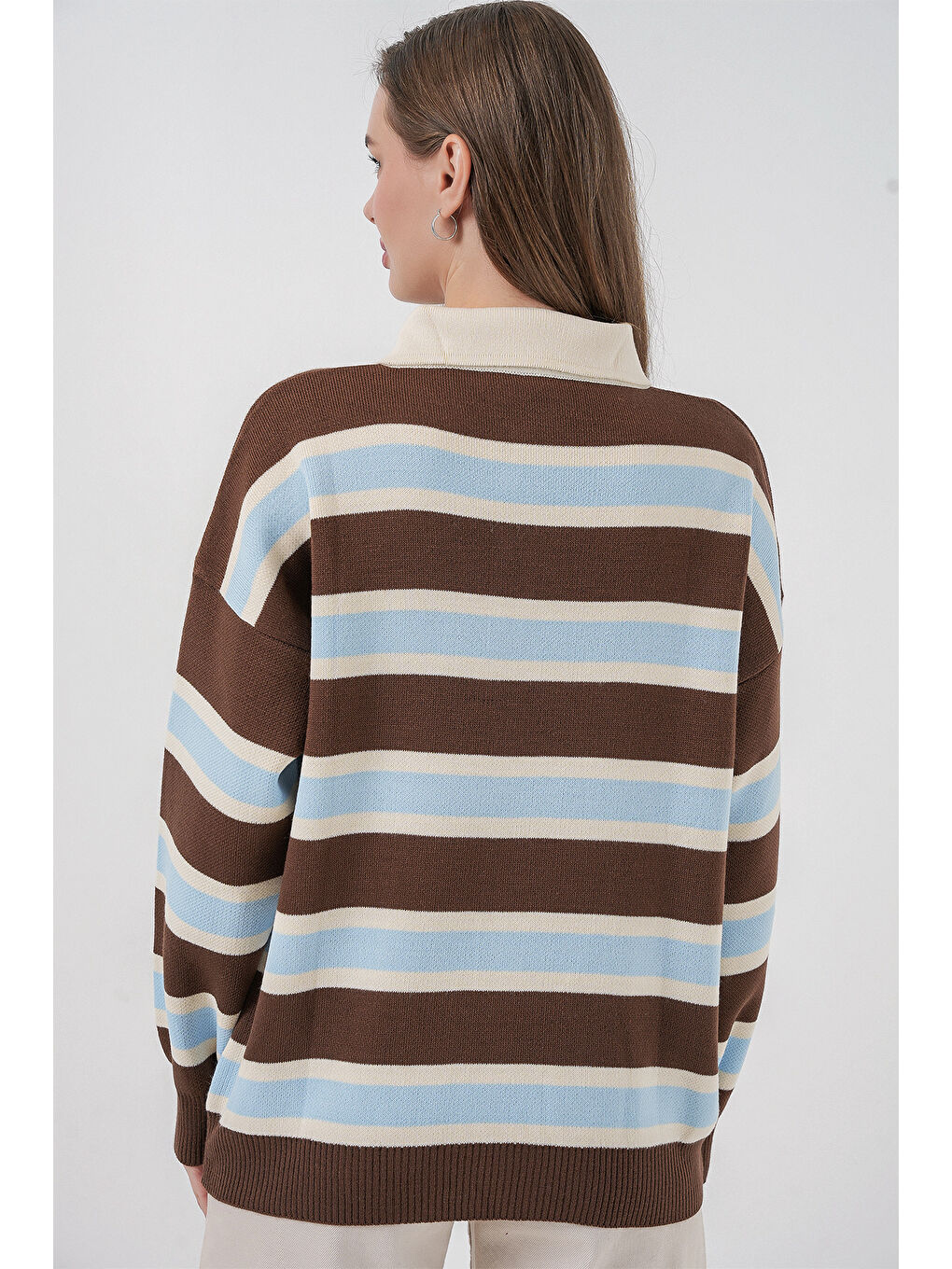 Kadın Çizgili Polo Yaka Triko Kazak 15952 - Mavi-6