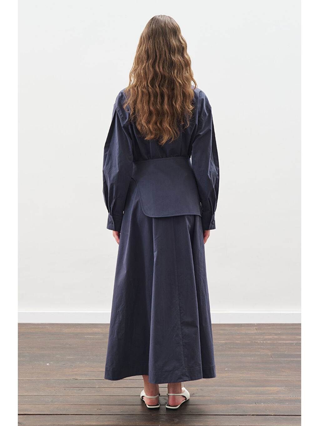 Kemer Detaylı Pileli Elbise Lacivert-5