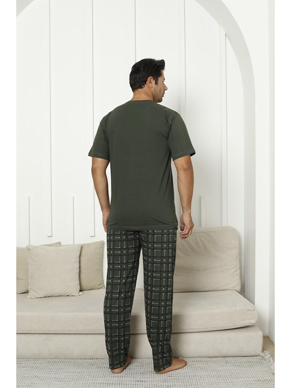Haki Erkek %100 Organik Doğal Pamuk Ekose Cep Detaylı Yüksek Kalite Kısa Kollu Pijama Takımı-1