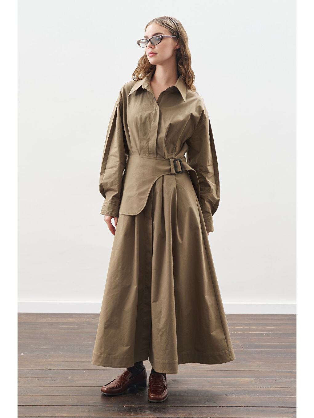 Kemer Detaylı Pileli Elbise Haki-1