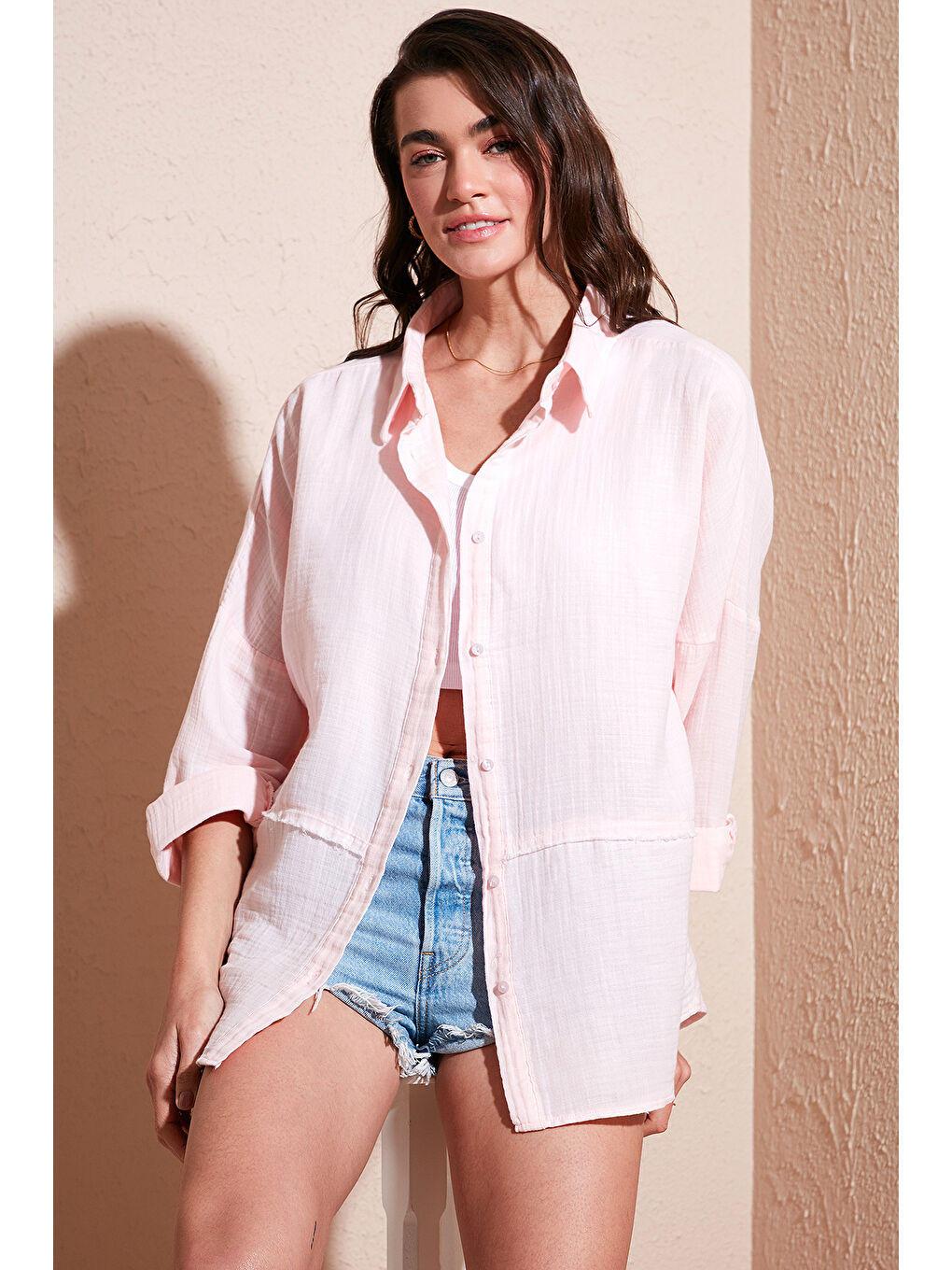 Lela Pembe Pamuklu Regular Fit Müslin Gömlek Cf25S166905