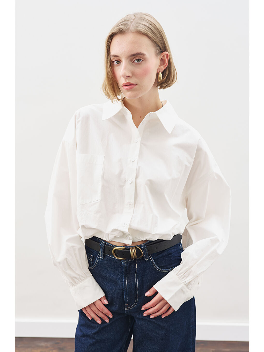 Crop Balon Form Gömlek Ekru-3