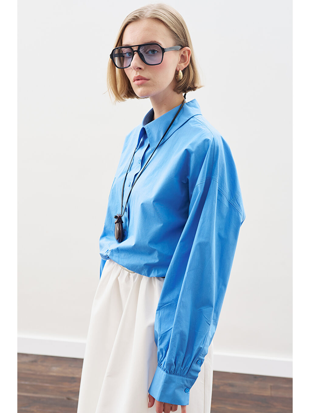 Crop Balon Form Gömlek Mavi-1