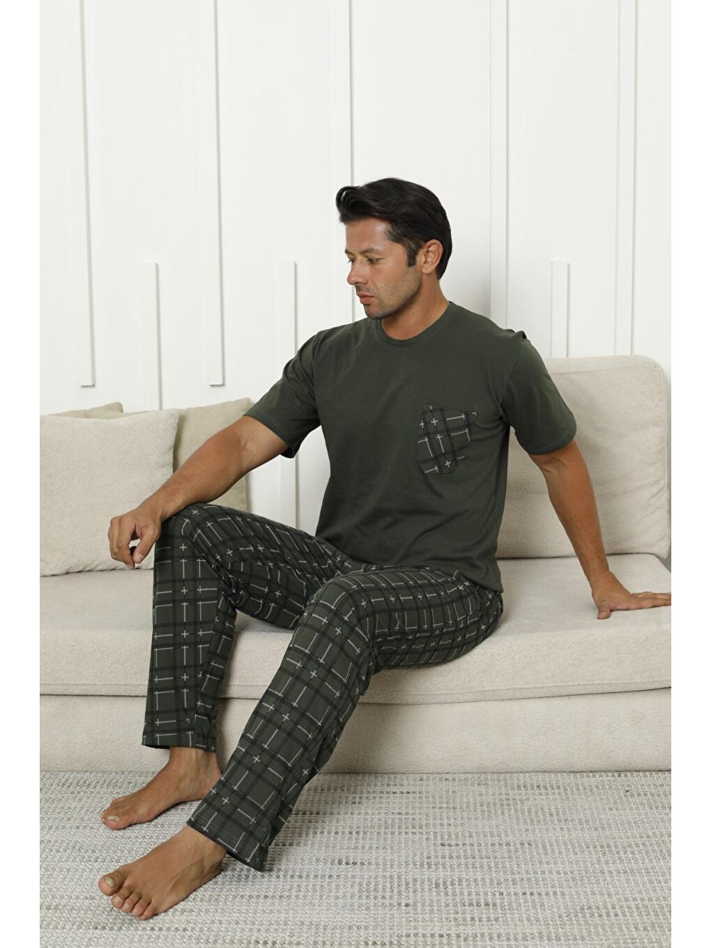 Haki Erkek %100 Organik Doğal Pamuk Ekose Cep Detaylı Yüksek Kalite Kısa Kollu Pijama Takımı-2