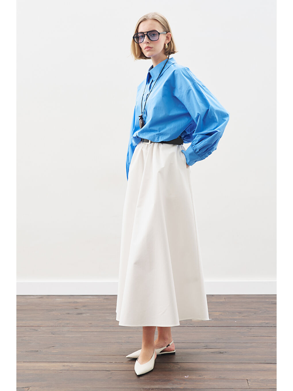 Crop Balon Form Gömlek Mavi-2