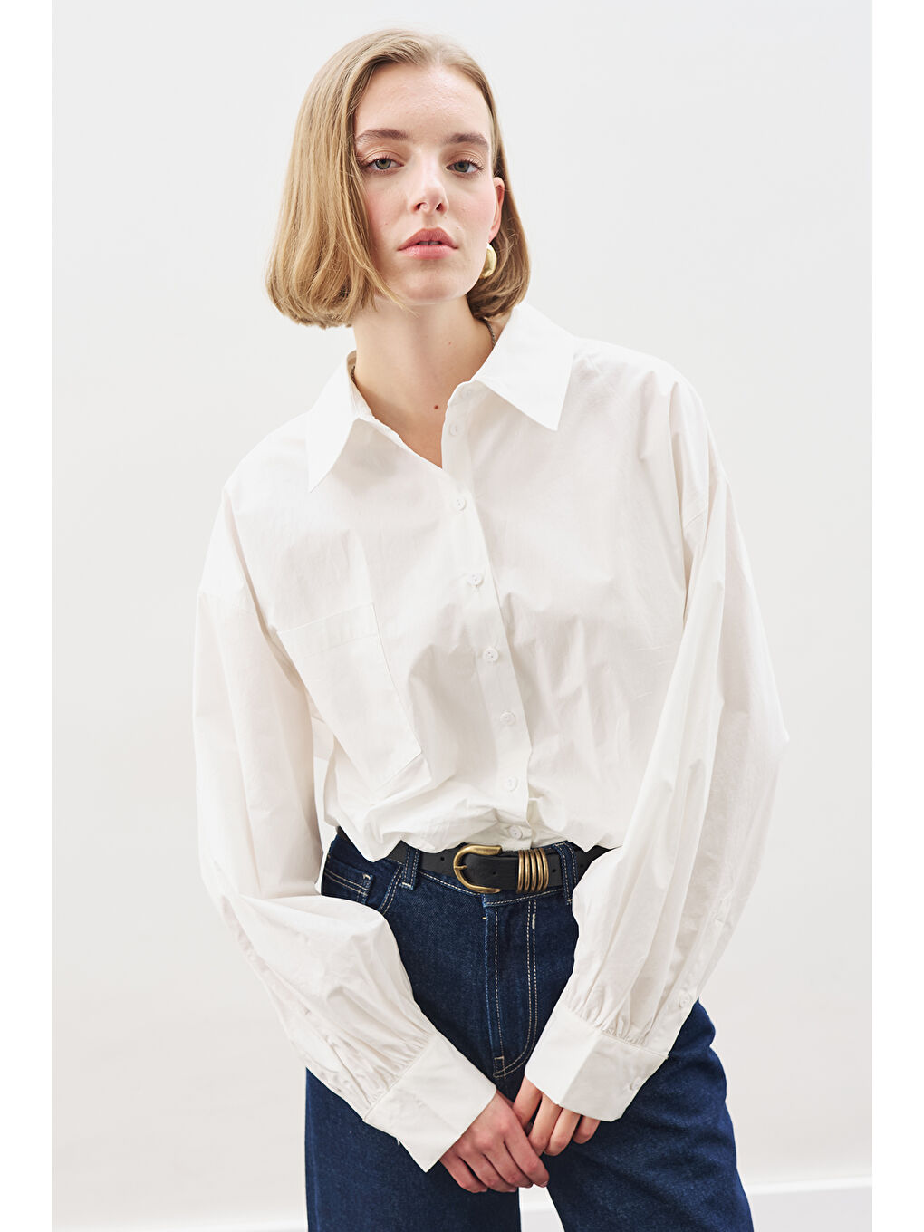 Crop Balon Form Gömlek Ekru-5