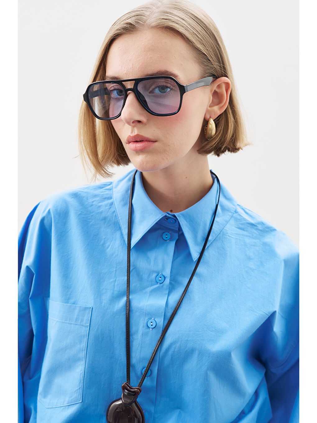 Crop Balon Form Gömlek Mavi-3