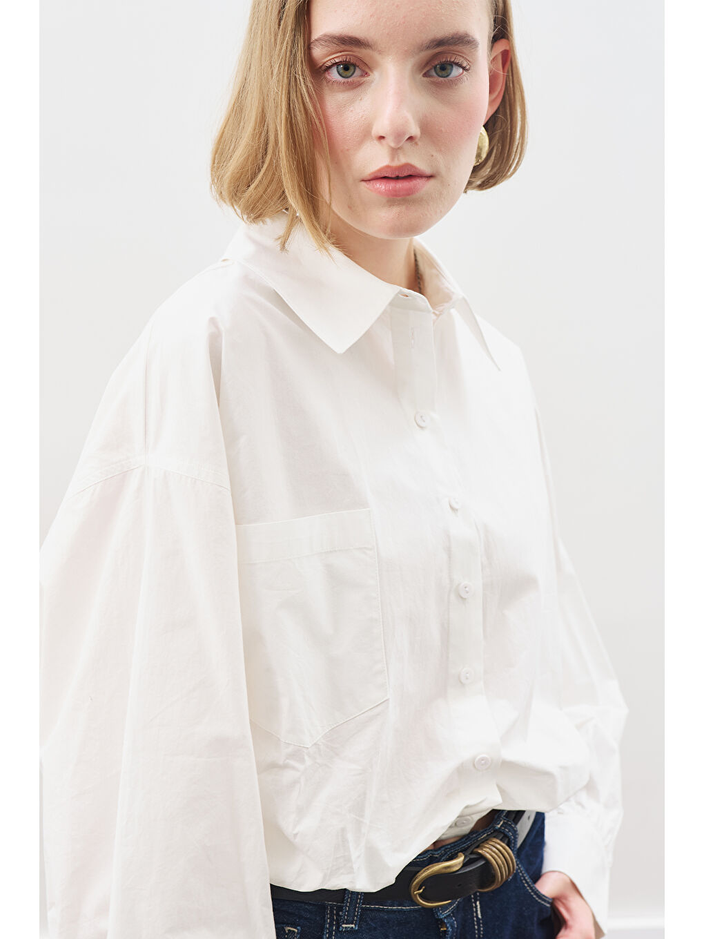 Crop Balon Form Gömlek Ekru-6