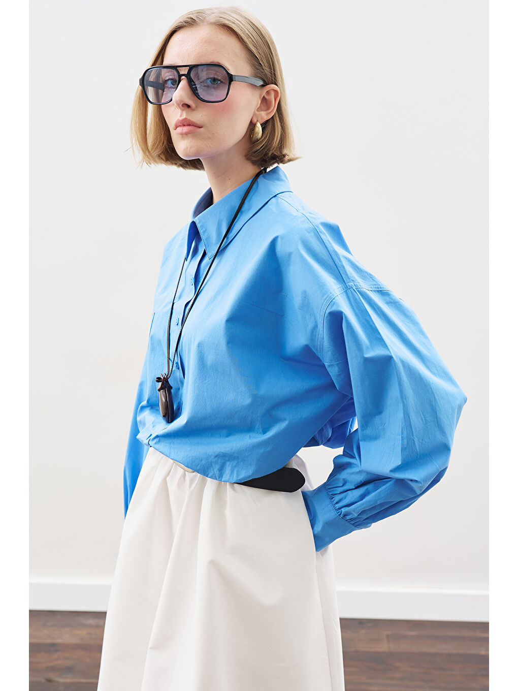 Crop Balon Form Gömlek Mavi-4