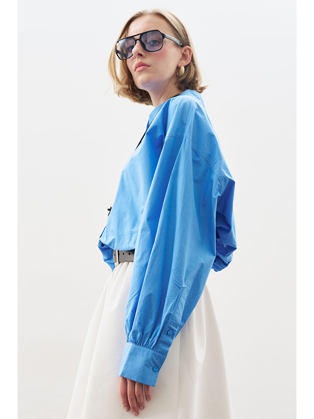 Crop Balon Form Gömlek Mavi-5