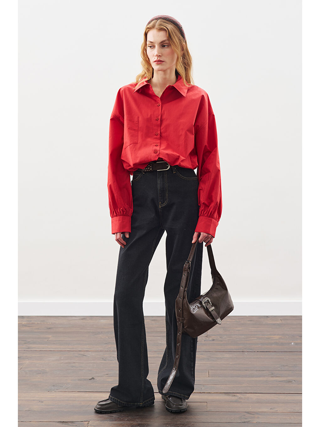 Crop Balon Form Gömlek Kırmızı-1