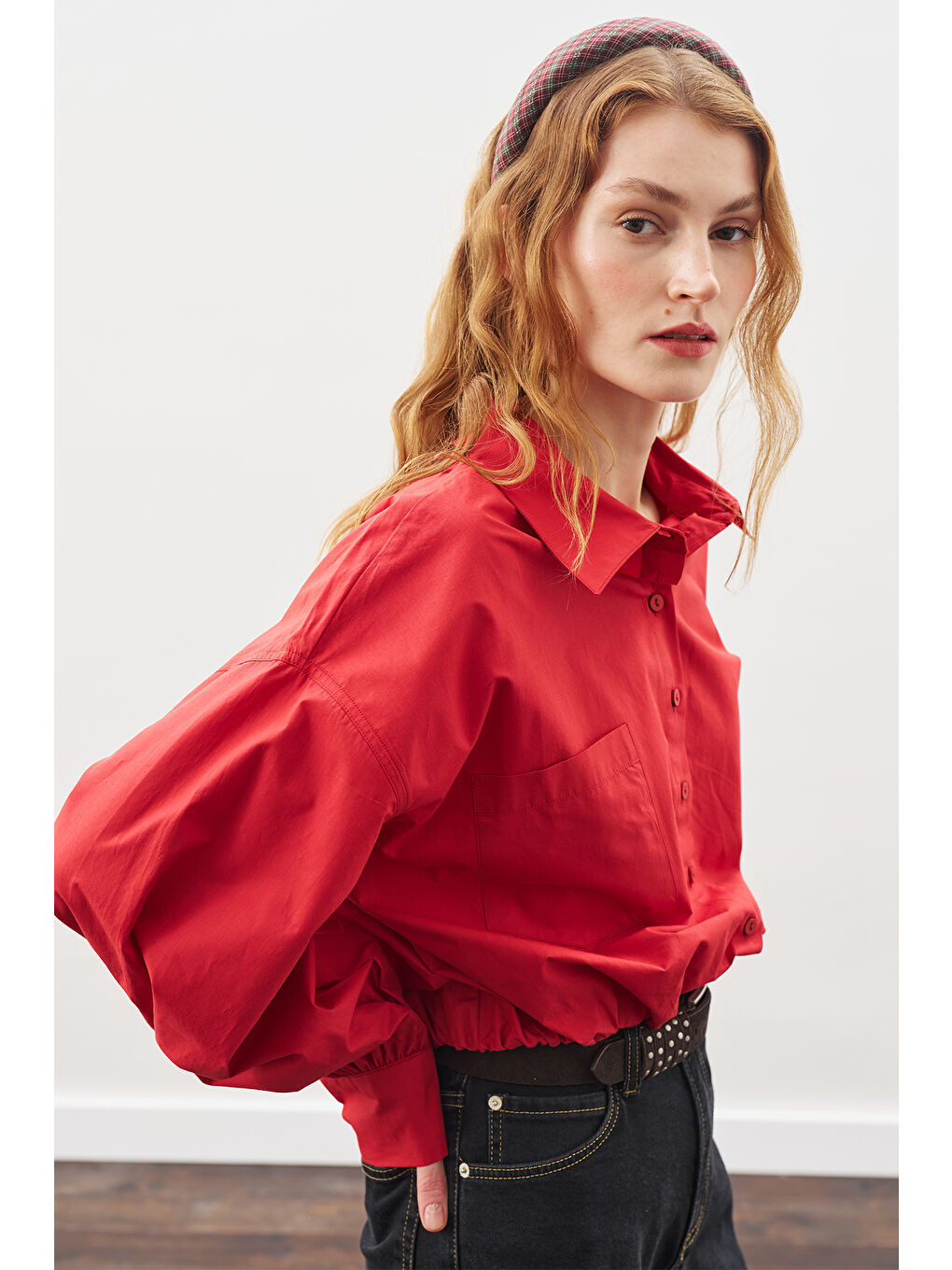 Crop Balon Form Gömlek Kırmızı-3