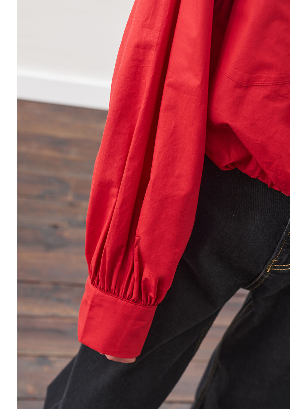 Crop Balon Form Gömlek Kırmızı-4