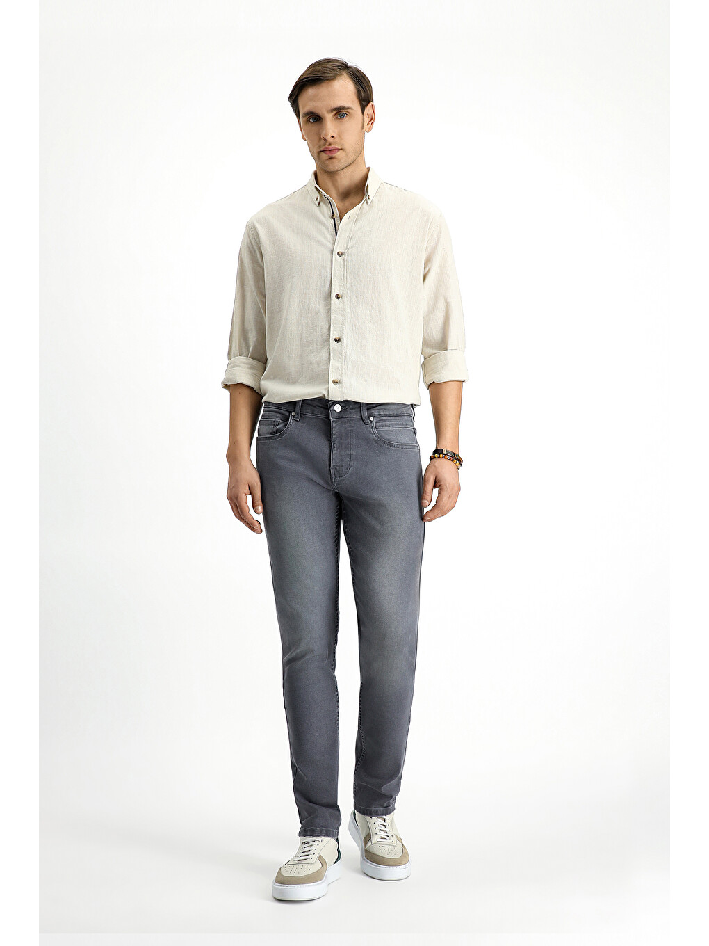 Gri Regular Fit Elastanlı Denim Jean Pantolon