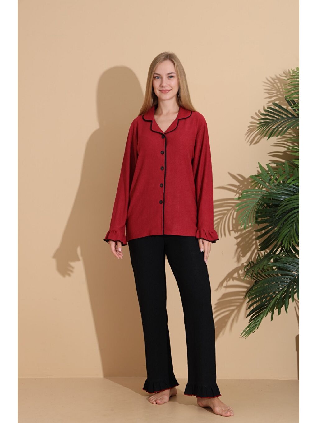 Bordo Bürümcük Kumaş Önden Düğmeli Uzun Kollu Kadın Pijama Takımı 6004-1