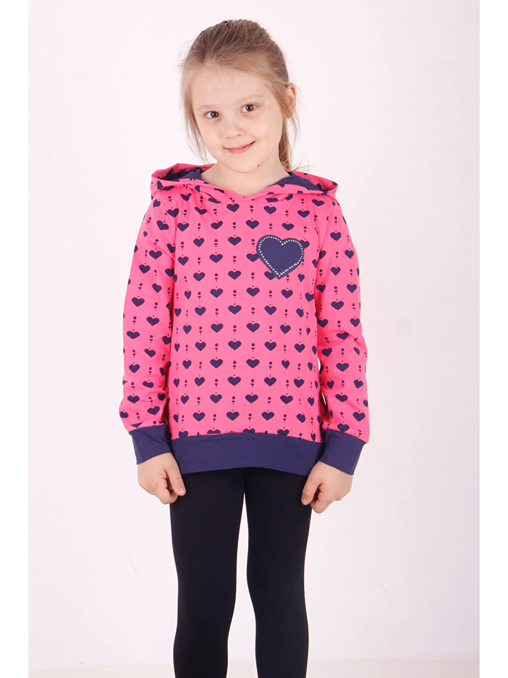 Fuşya Kız Çocuk Komple Kalp Desenli Sweatshirt