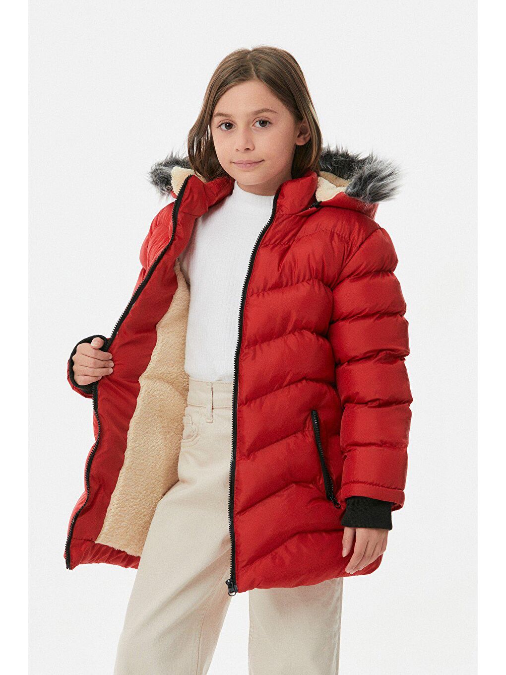 Kırmızı Cebi Fermuarlı Kız Çocuk Şişme Mont-1