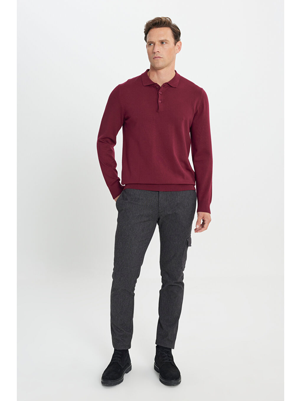 Erkek Bordo Standart Fit Normal Kesim Polo Yaka Triko Kazak-1