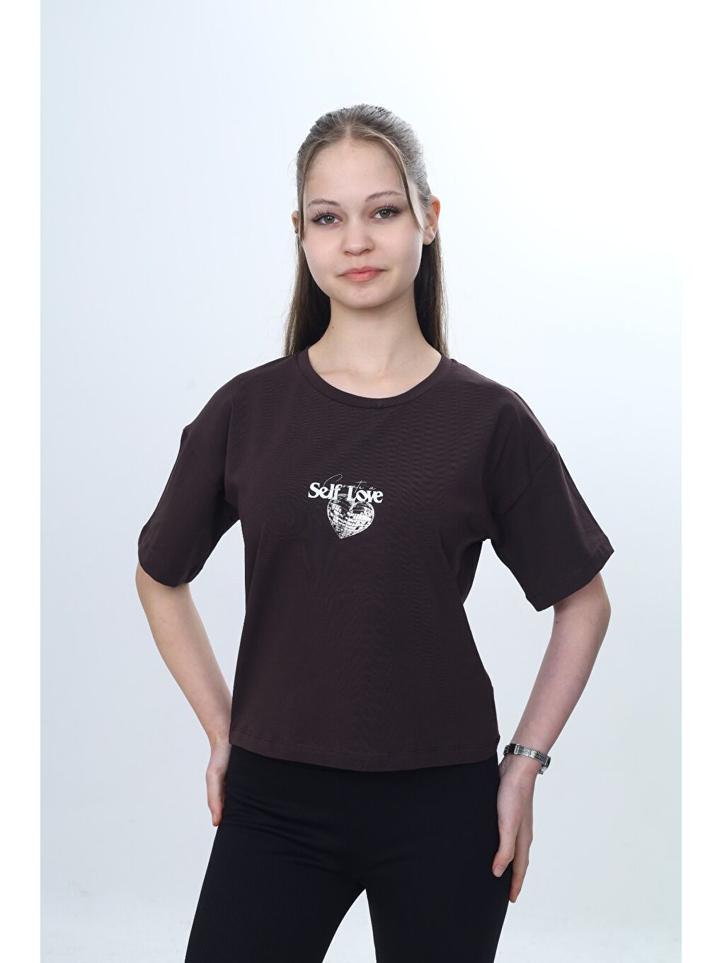 Kahverengi Kız Çocuk Bisiklet Yaka Kısa kollu Baskılı Tişört 24972