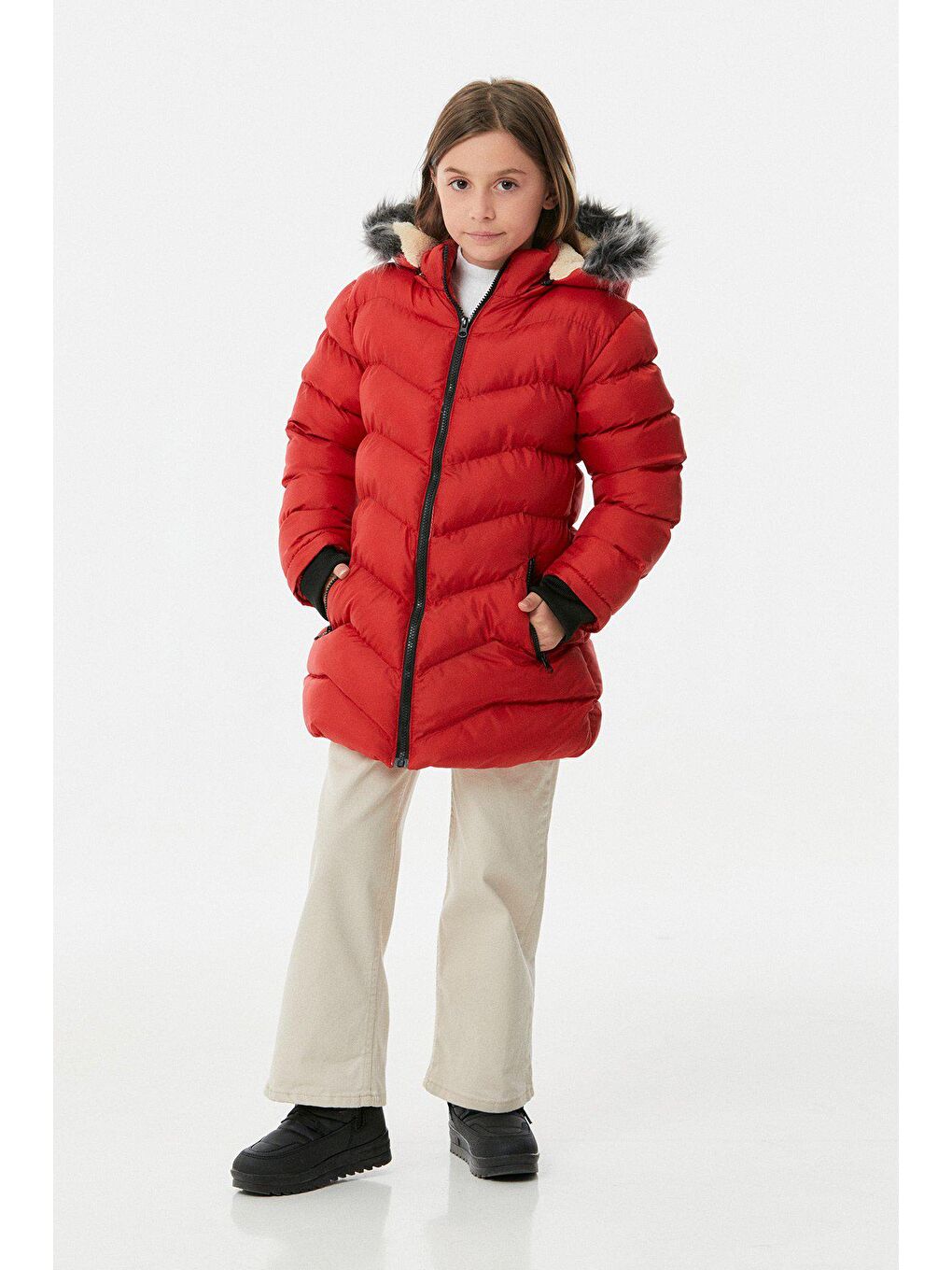 Kırmızı Cebi Fermuarlı Kız Çocuk Şişme Mont-2