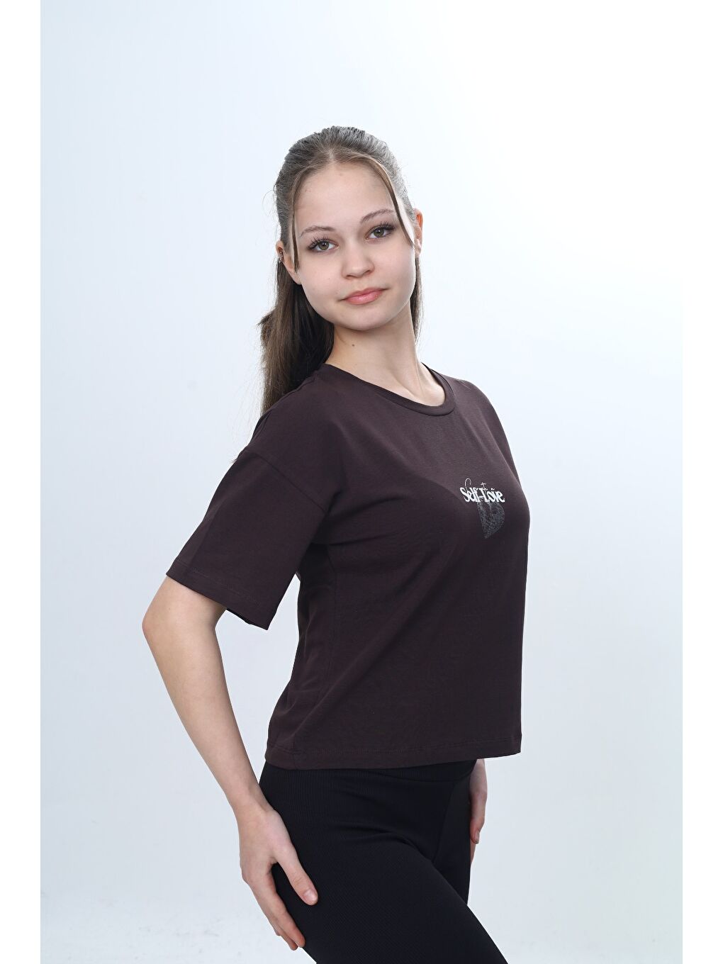 Kahverengi Kız Çocuk Bisiklet Yaka Kısa kollu Baskılı Tişört 24972-1