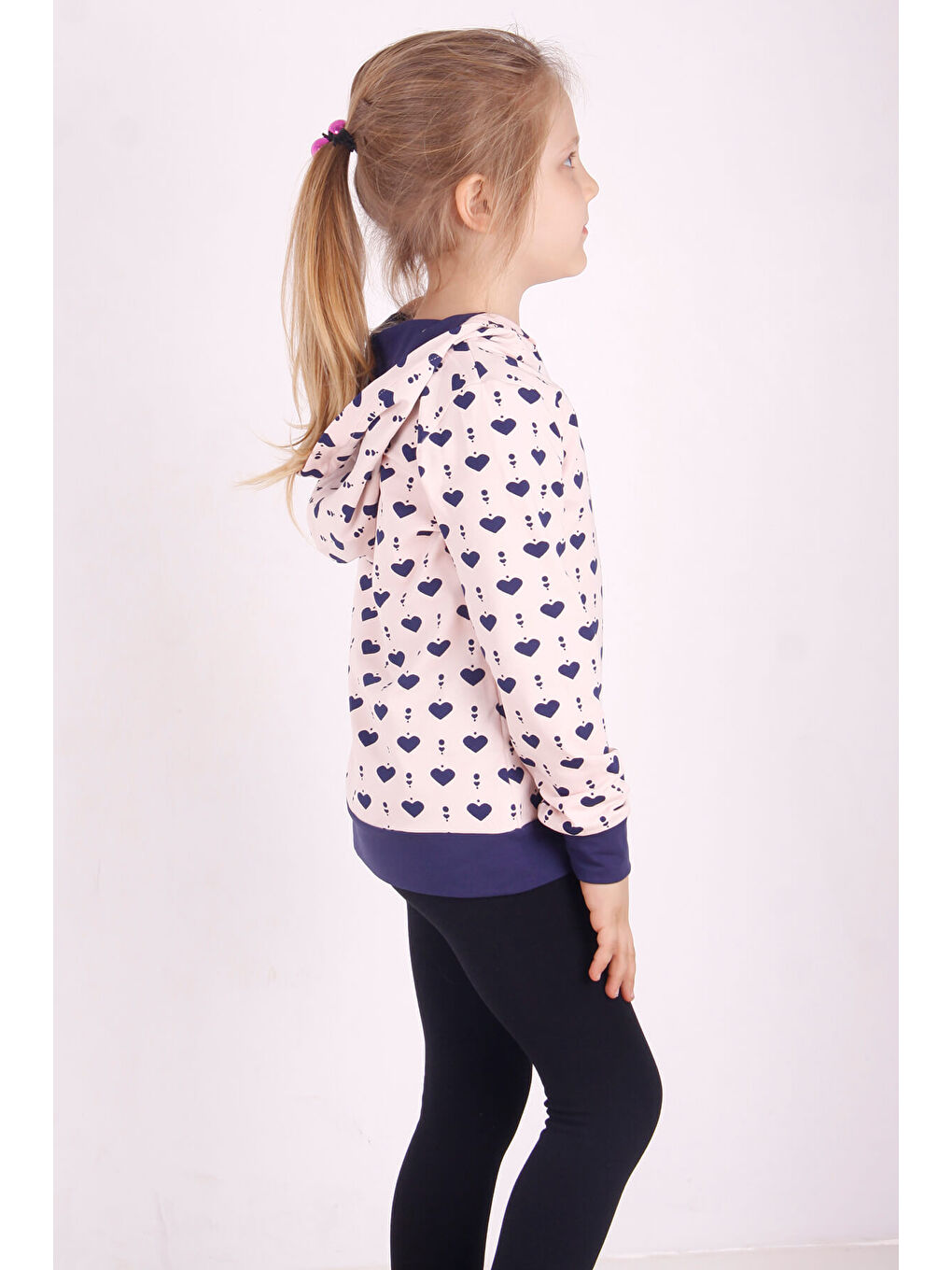 Pembe Kız Çocuk Komple Kalp Desenli Sweatshirt-1