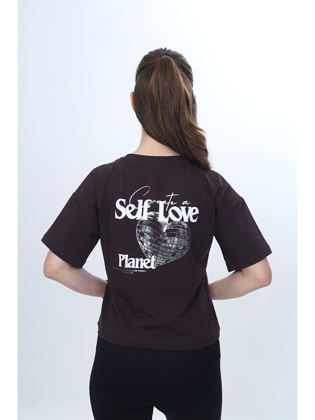 Kahverengi Kız Çocuk Bisiklet Yaka Kısa kollu Baskılı Tişört 24972-2