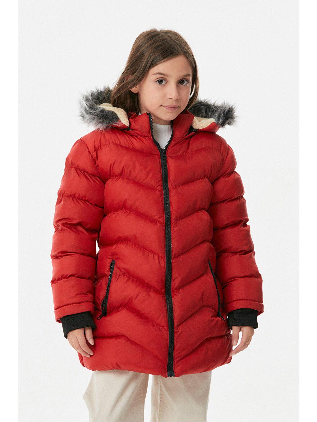 Kırmızı Cebi Fermuarlı Kız Çocuk Şişme Mont-3