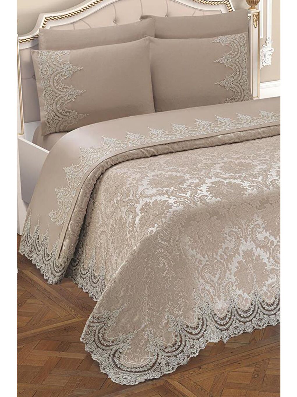 Kahverengi Fransız Güpürlü Çeyizlik Pike Takımı Queen Cappucino-1