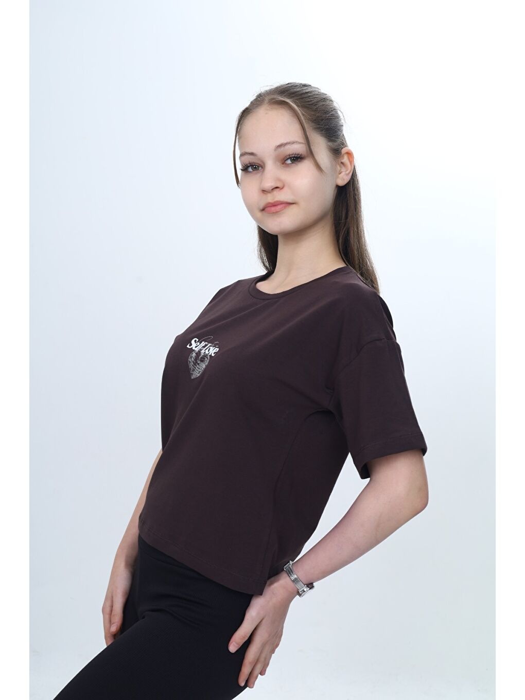 Kahverengi Kız Çocuk Bisiklet Yaka Kısa kollu Baskılı Tişört 24972-3