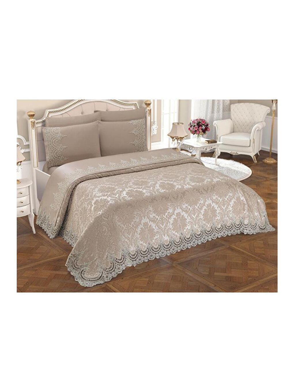 Kahverengi Fransız Güpürlü Çeyizlik Pike Takımı Queen Cappucino-2