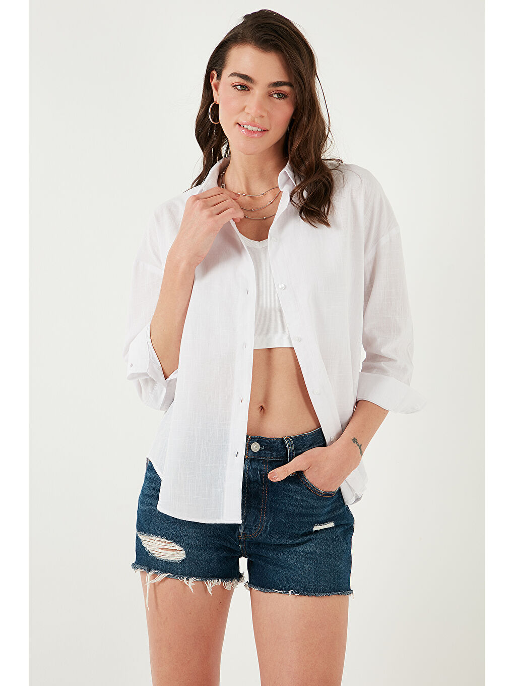 Beyaz Pamuklu Regular Fit Uzun Kollu Düz Gömlek Cf25S168305-4