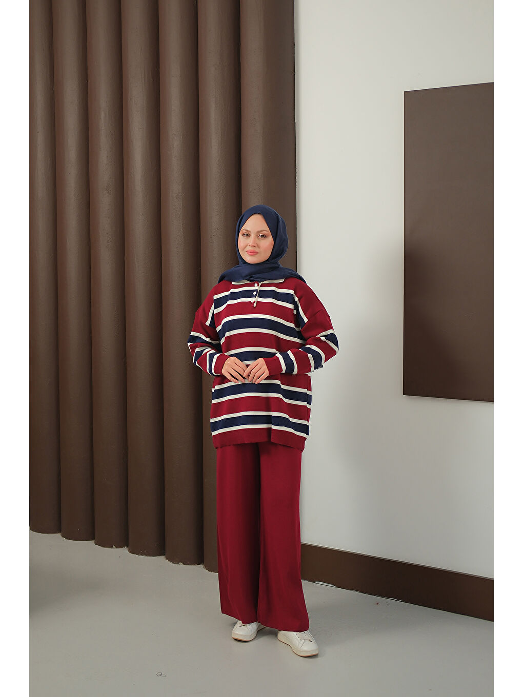 Kadın Çizgi Düğme Detay Takım Bordo-1