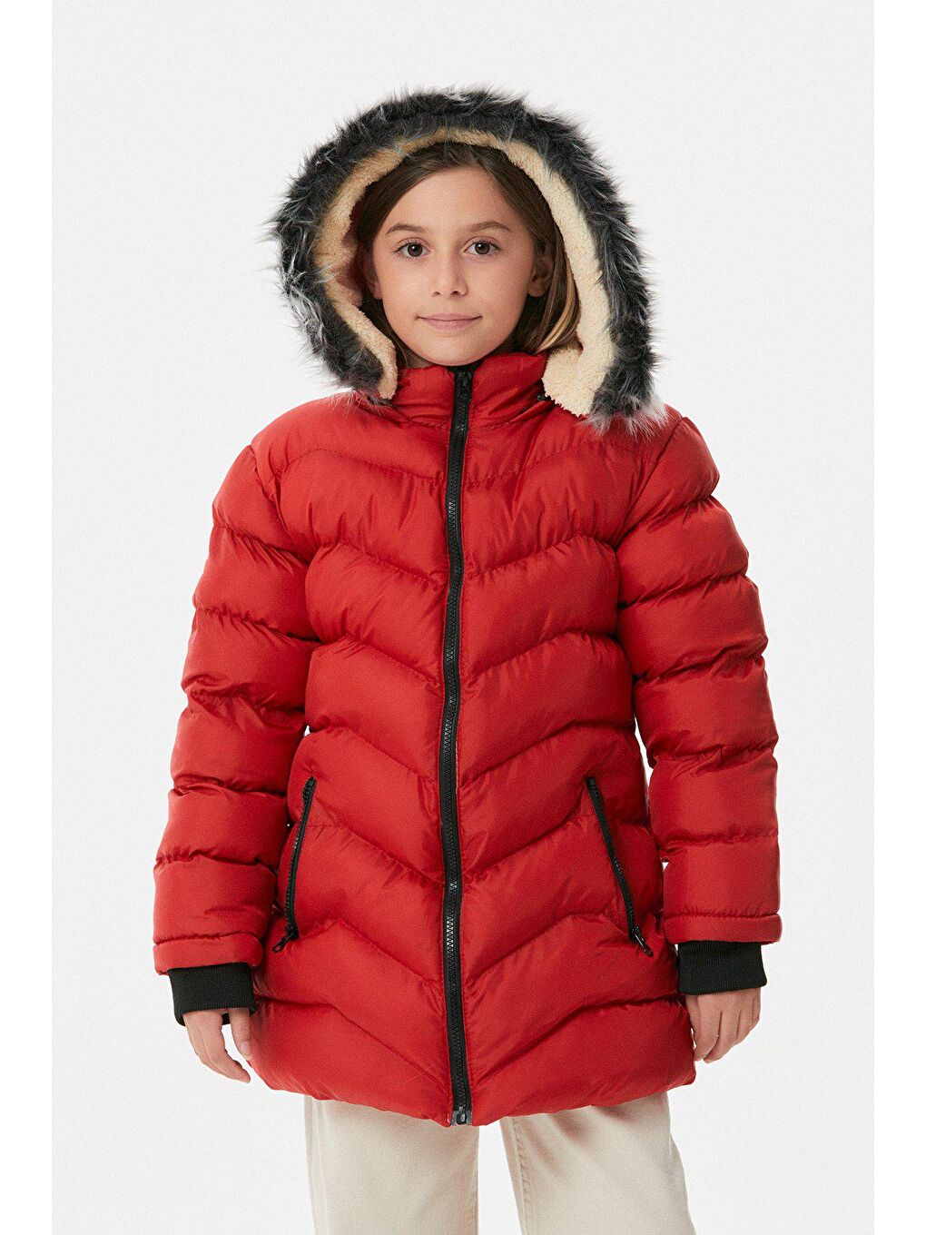 Kırmızı Cebi Fermuarlı Kız Çocuk Şişme Mont-4