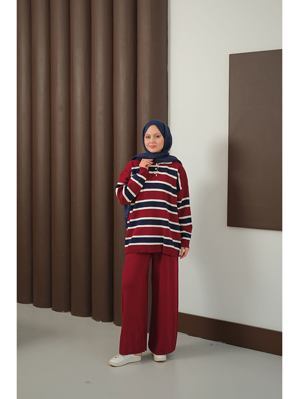 Kadın Çizgi Düğme Detay Takım Bordo-2