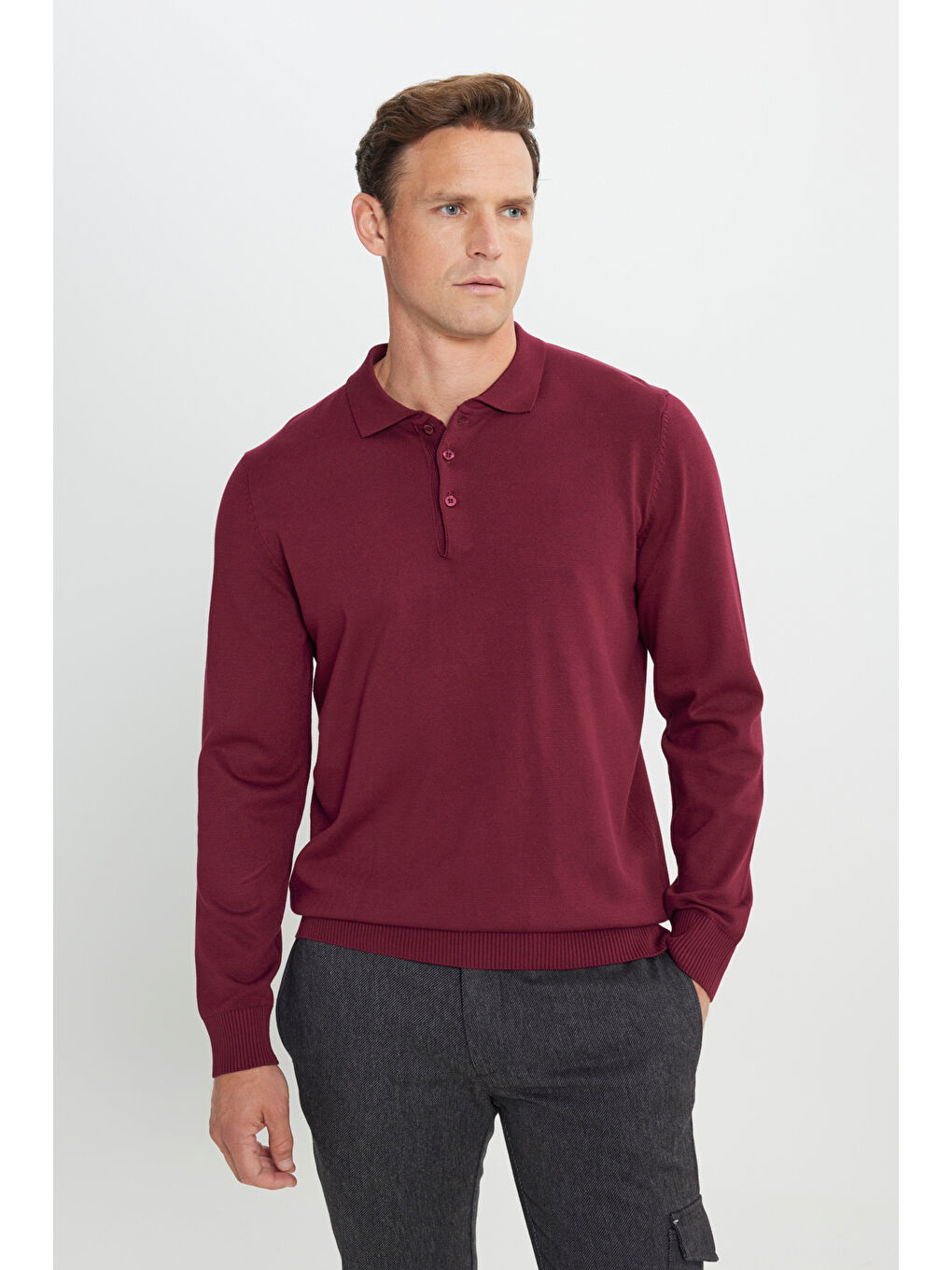 Erkek Bordo Standart Fit Normal Kesim Polo Yaka Triko Kazak-2
