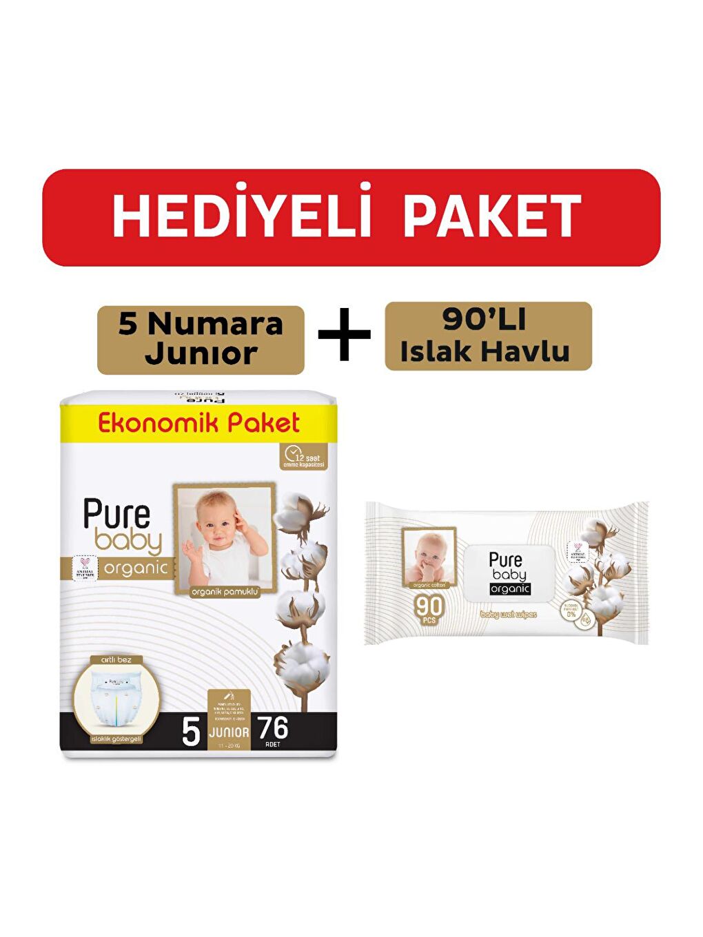 Pure Baby Renksiz Organik Pamuklu Cırtlı Bez 5 Numara Junior 76 Adet + Organik Pamuklu Islak Havlu 90 Yaprak