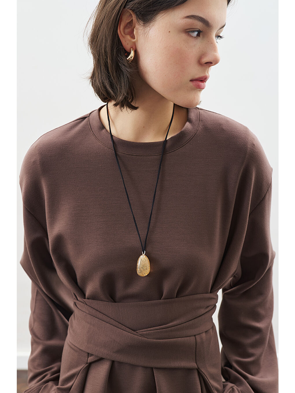 Yumuşak Dokulu Modal Bağlamalı Sweatshırt Kahverengi-3