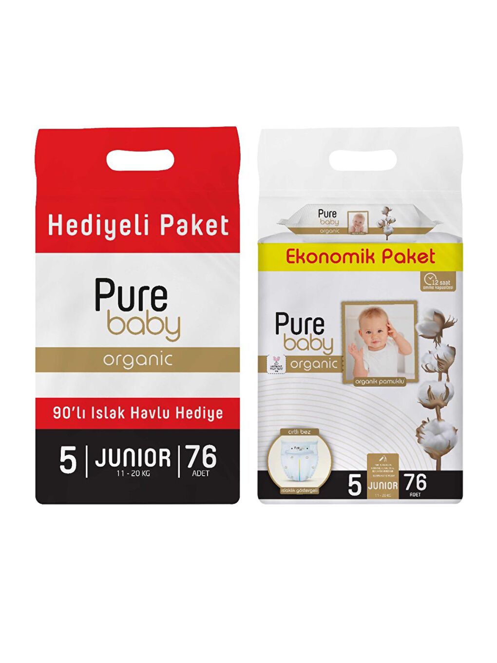 Pure Baby Renksiz Organik Pamuklu Cırtlı Bez 5 Numara Junior 76 Adet + Organik Pamuklu Islak Havlu 90 Yaprak - 1