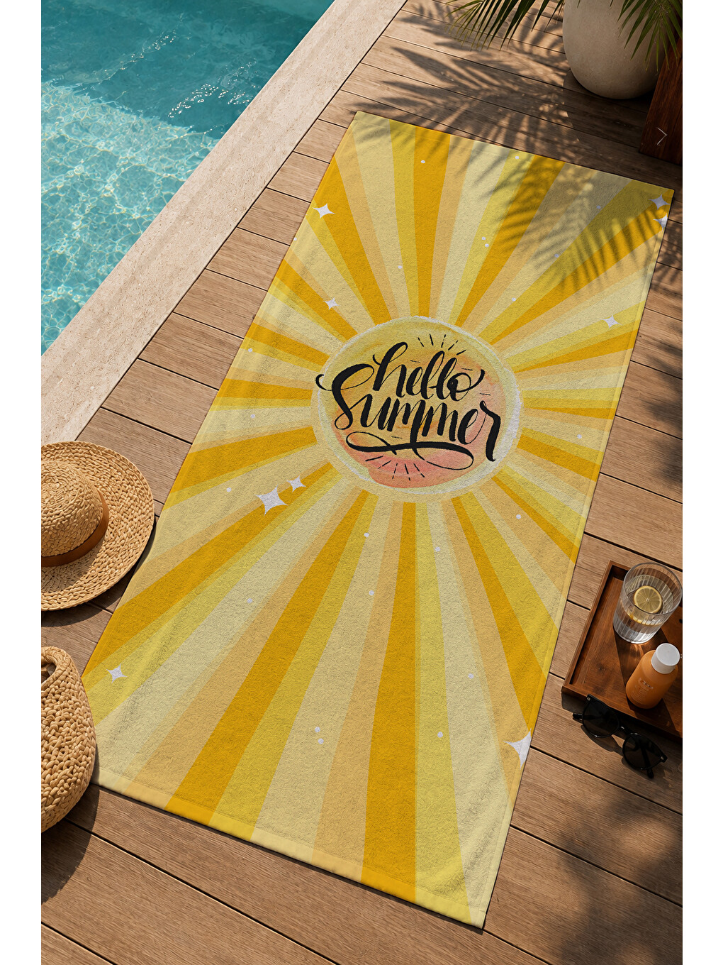 Sarı Güneş Işınlı Hello Summer Yazılı 70x150 Cm Dijital Baskılı Plaj Ve Banyo Havlusu-2
