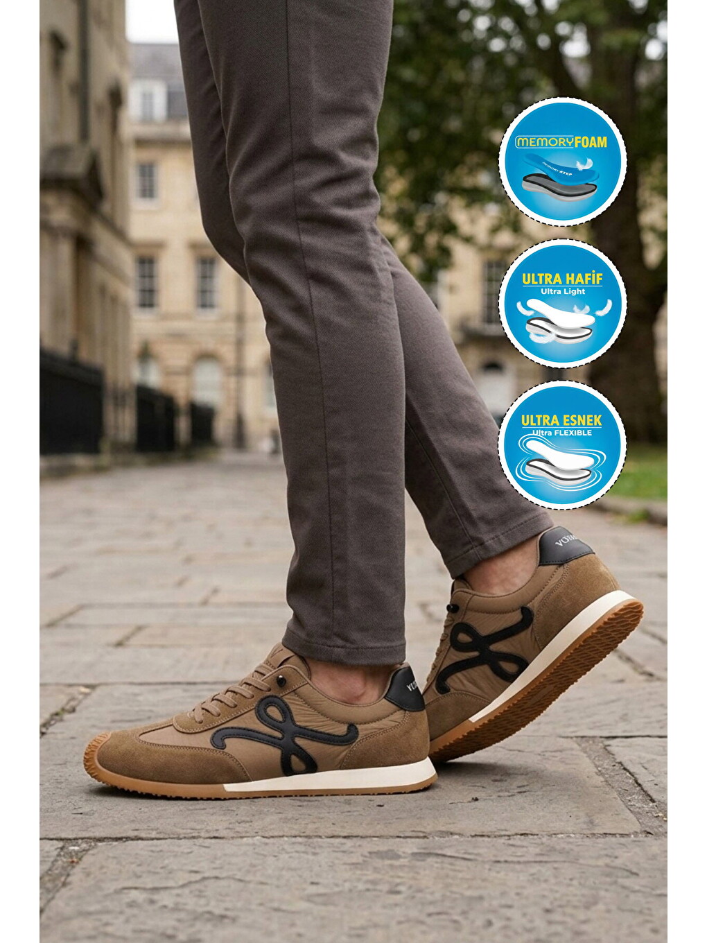 Kahverengi Camel Bağcıklı Hafızalı Rahat Tabanlı Retro Erkek Casual Ayakkabı Sneaker E472 M-2