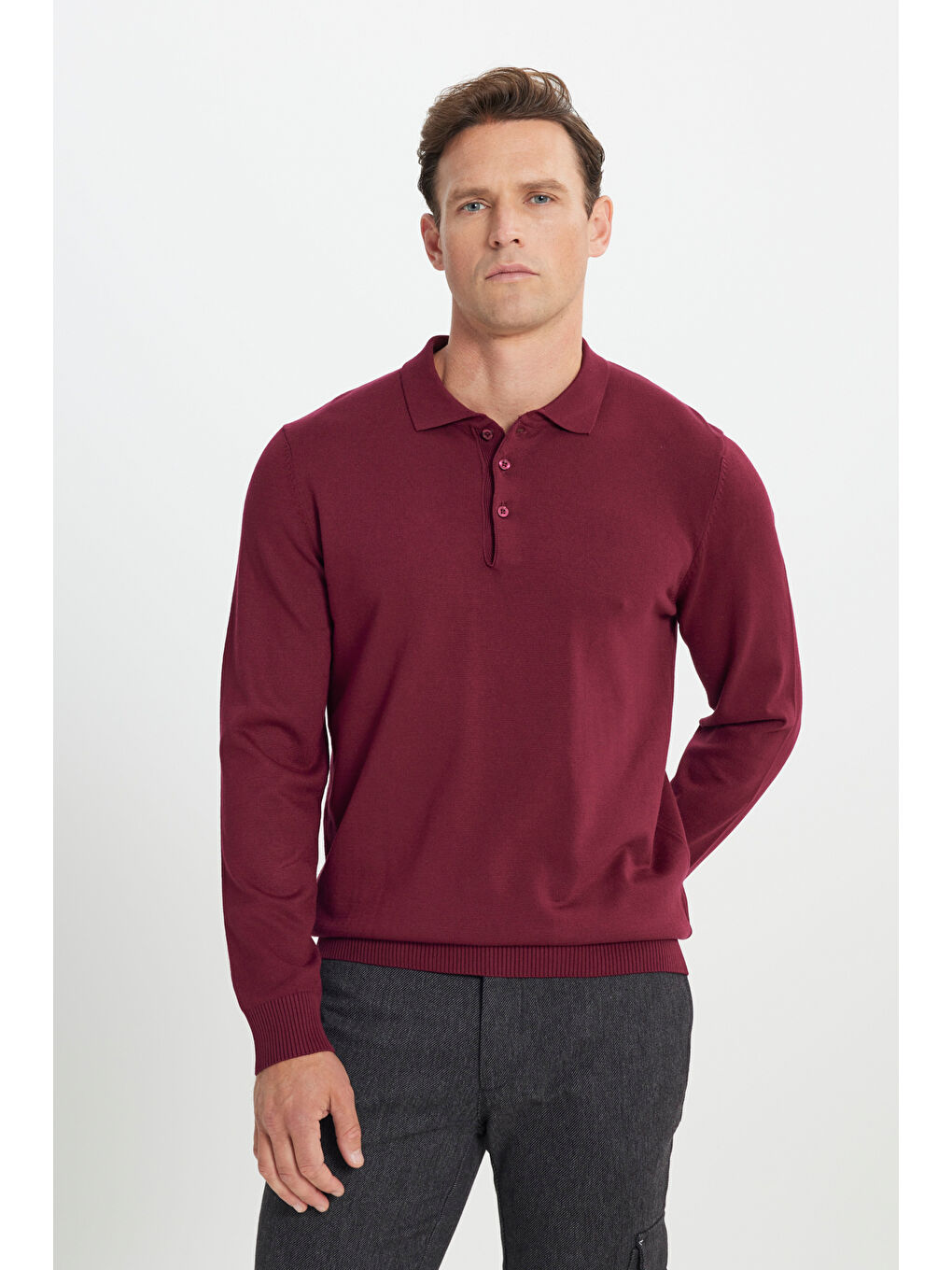 Erkek Bordo Standart Fit Normal Kesim Polo Yaka Triko Kazak-3